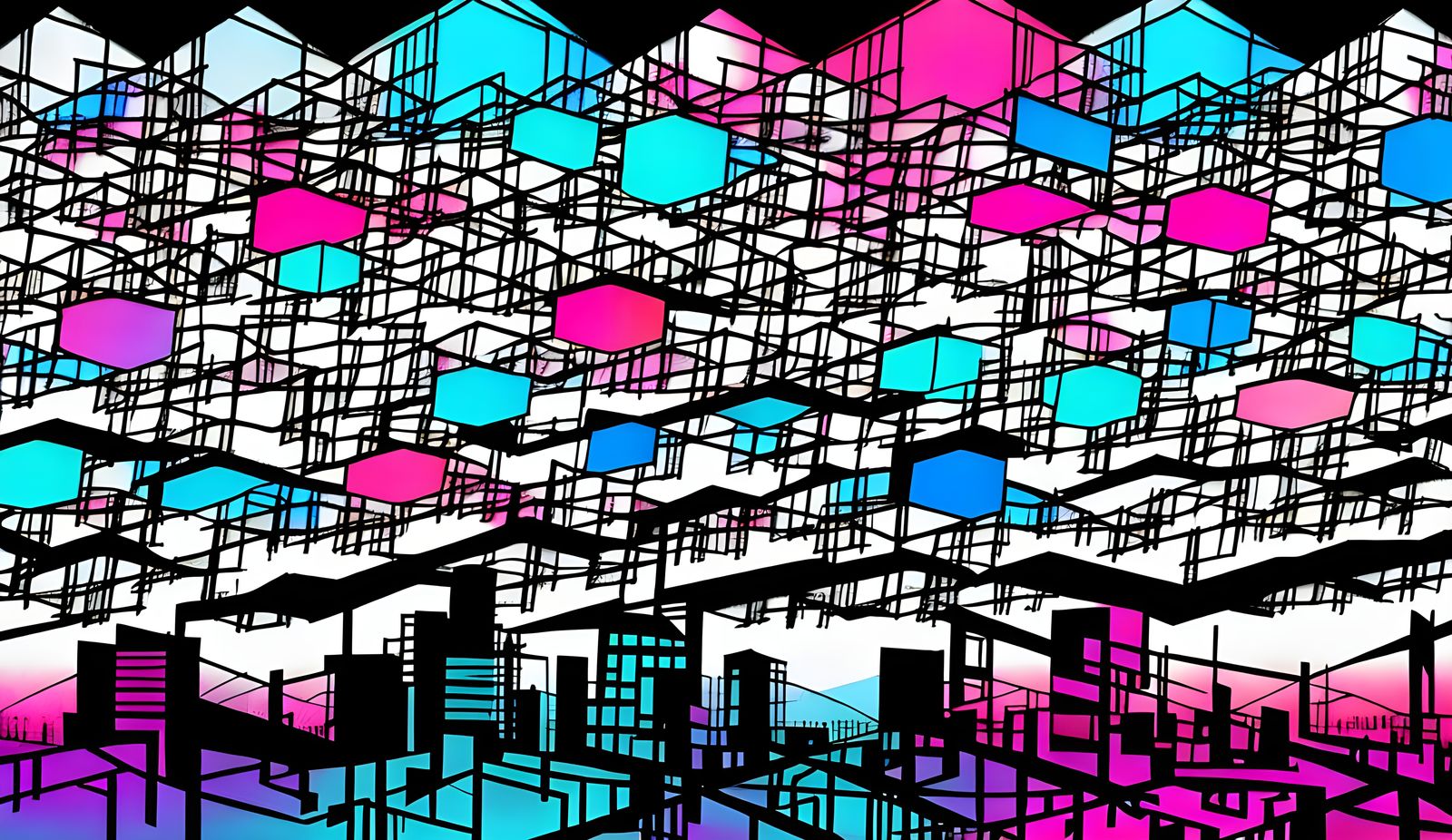 Abstract Cityscape in Colorfield Style with Rolling Hills