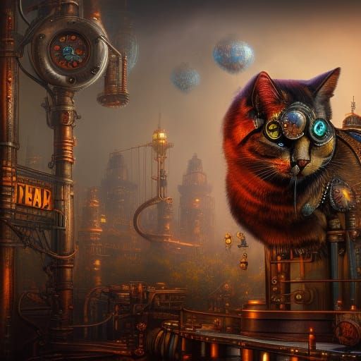 Steampunk Flying Cat: Detailed Matte Painting