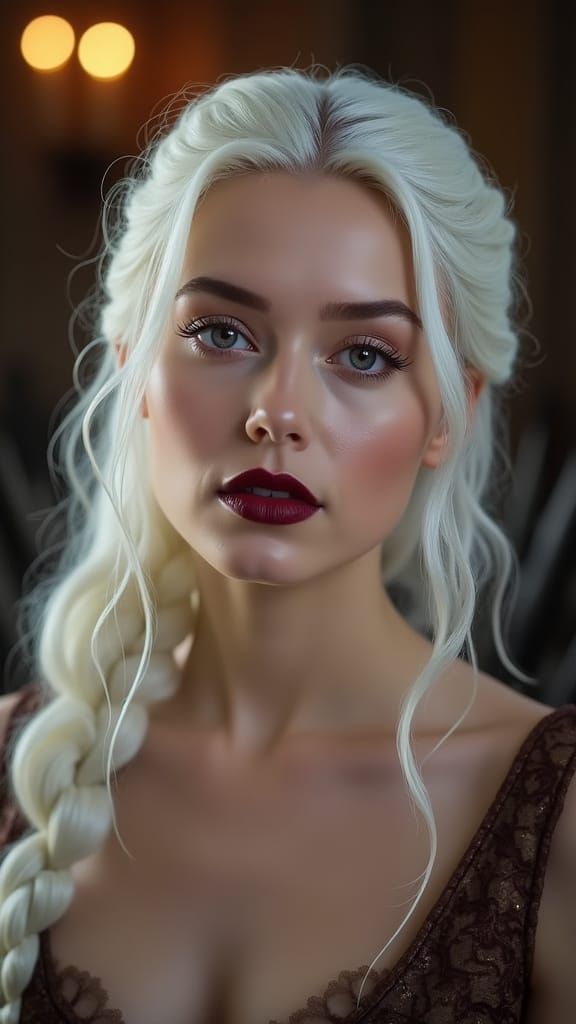 Portrait of Woman with White Hair and Purple Eyes