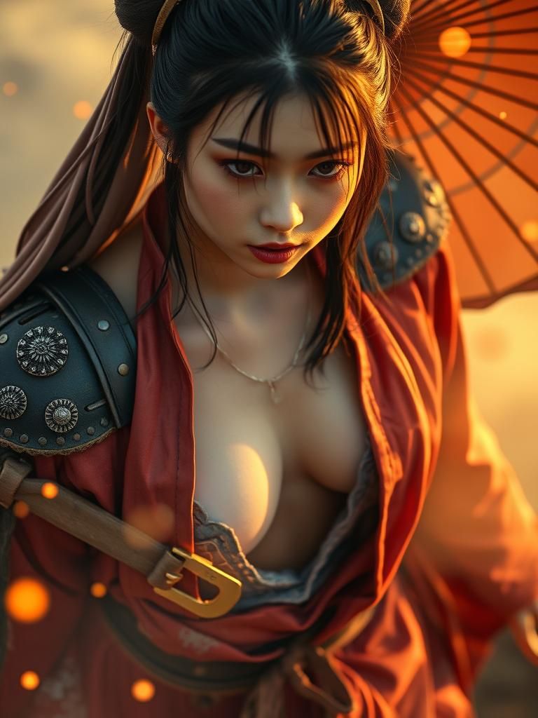 Japanese Samurai Geisha in Ethereal Golden Light