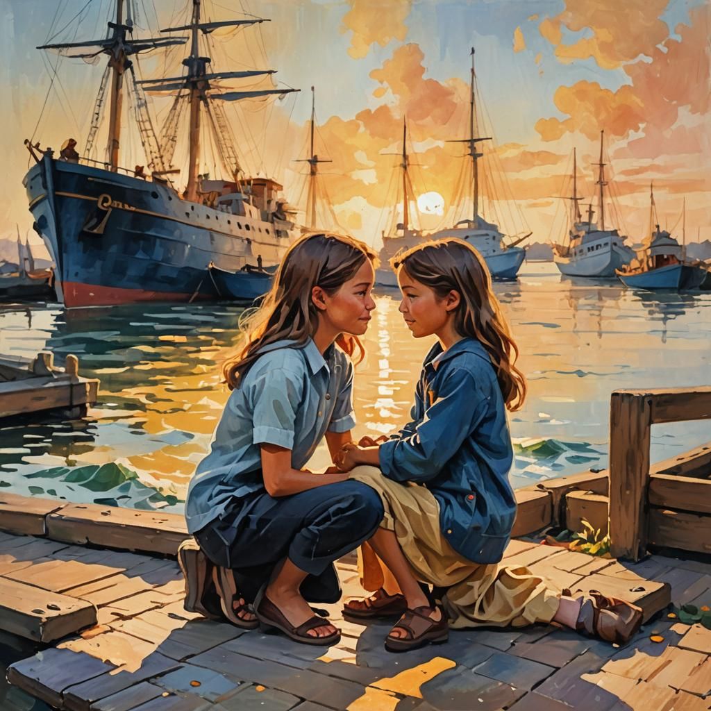 Emotional Farewell: Gouache Painting of Father and Daughter