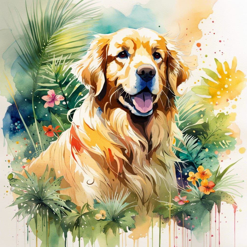 Golden Retriever in Tropical Setting, Watercolor Manga