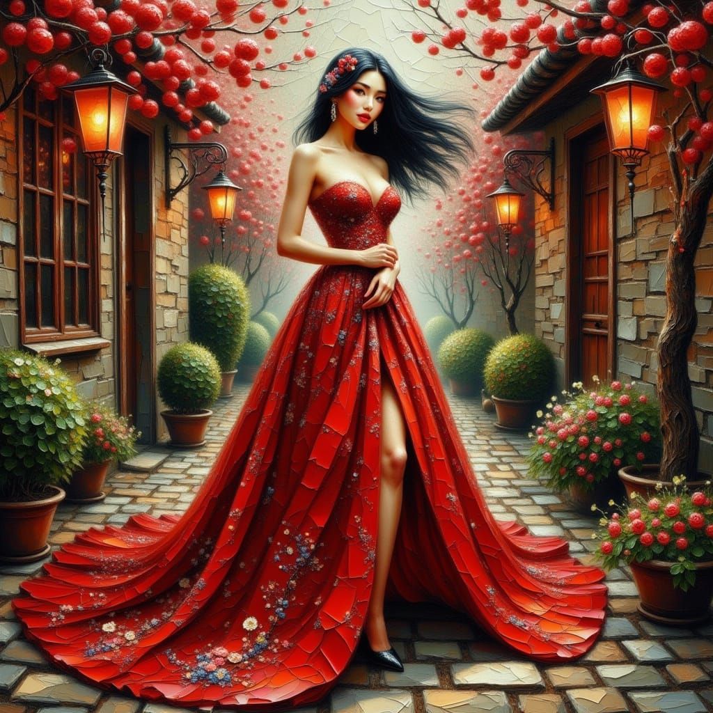Elegant Asian Woman in Impressive Red Brocade Gown