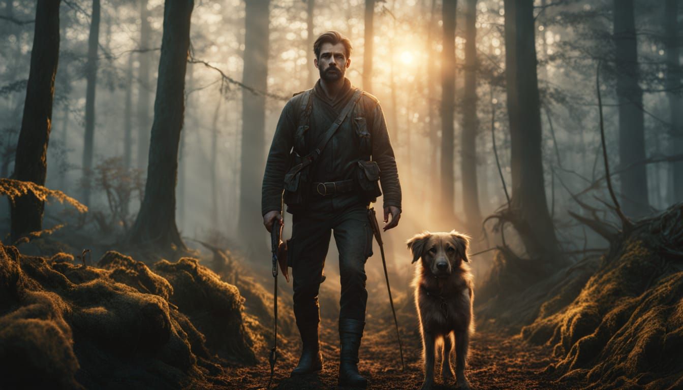 Hunter and Dog in Misty Forest: Hyper-Realistic Fantasy