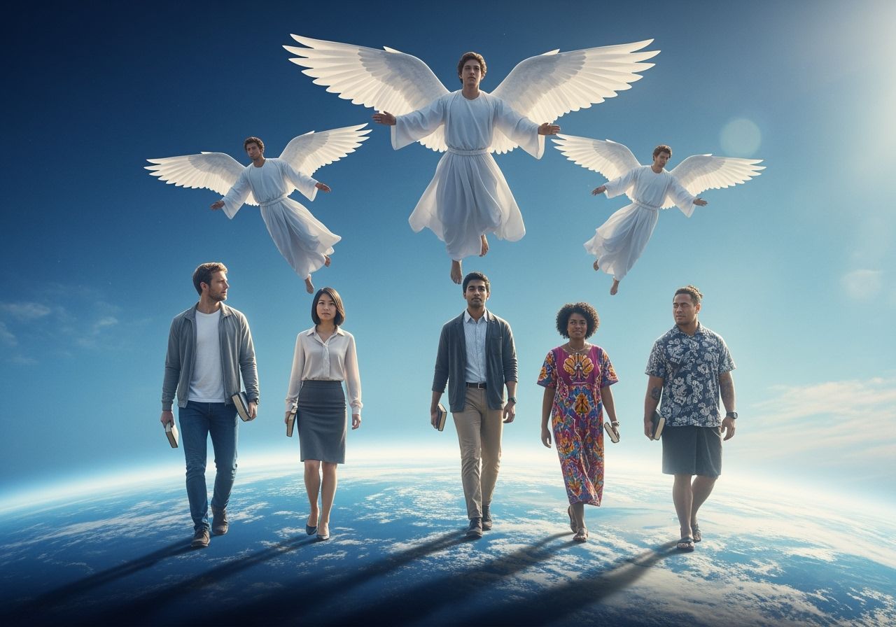 Diverse People and Angels Walking on Earth