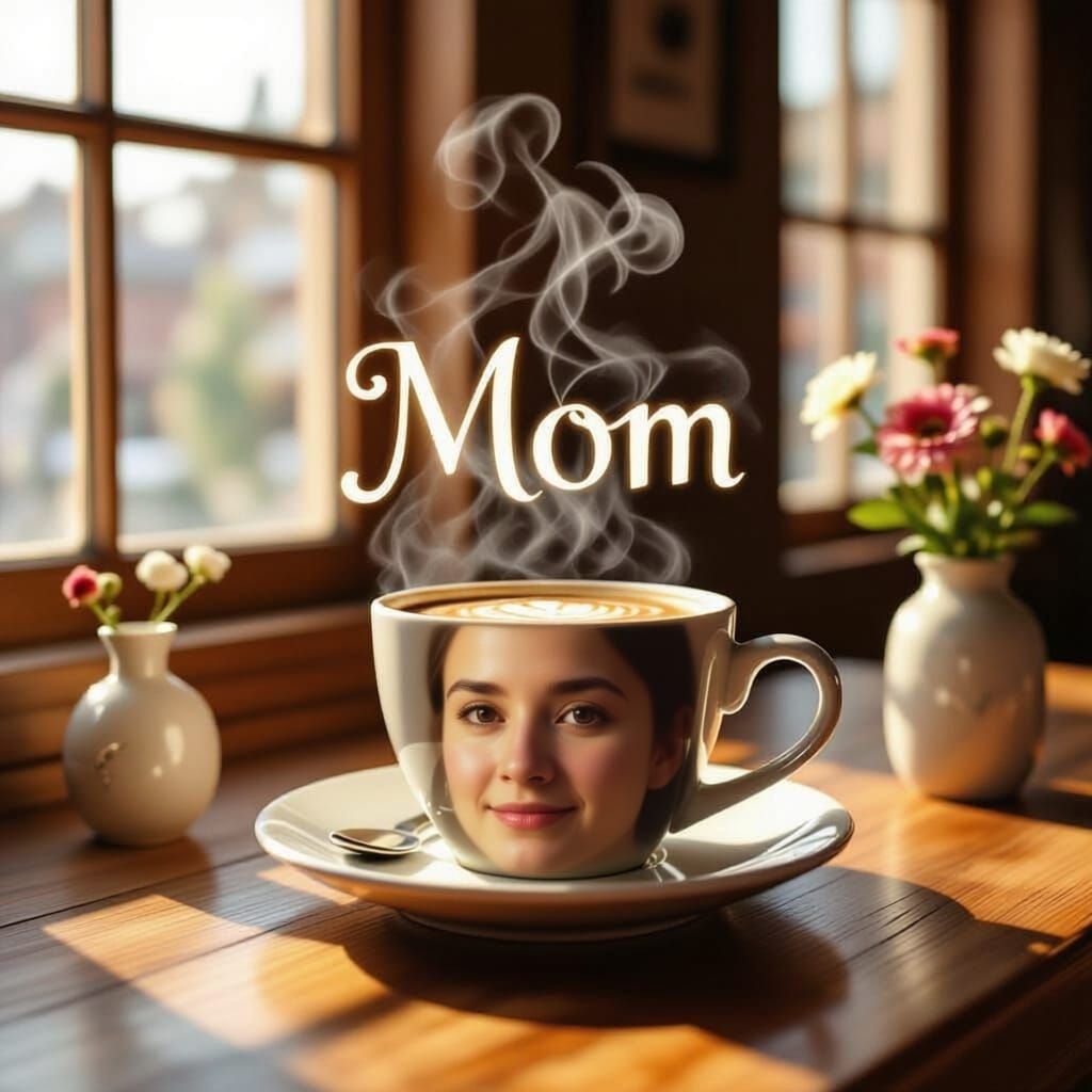 Warm Loving Face Reflected in Coffee Mug