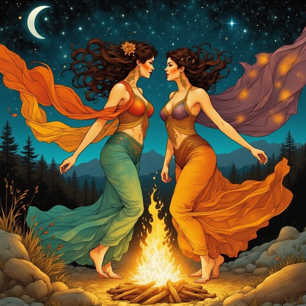 Bohemian Gypsy Duo Dancing in Art Nouveau Style