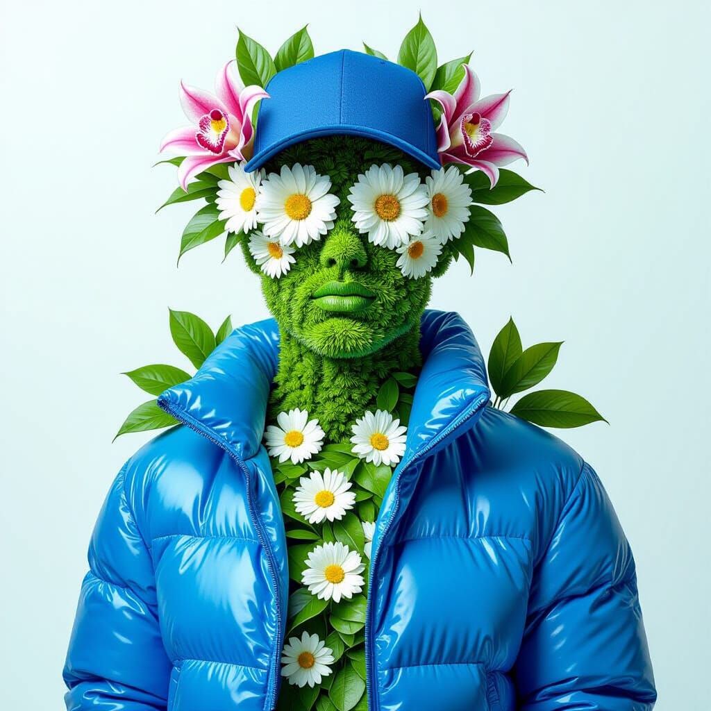 Conceptual Plant Figure in Blue Puffer Jacket