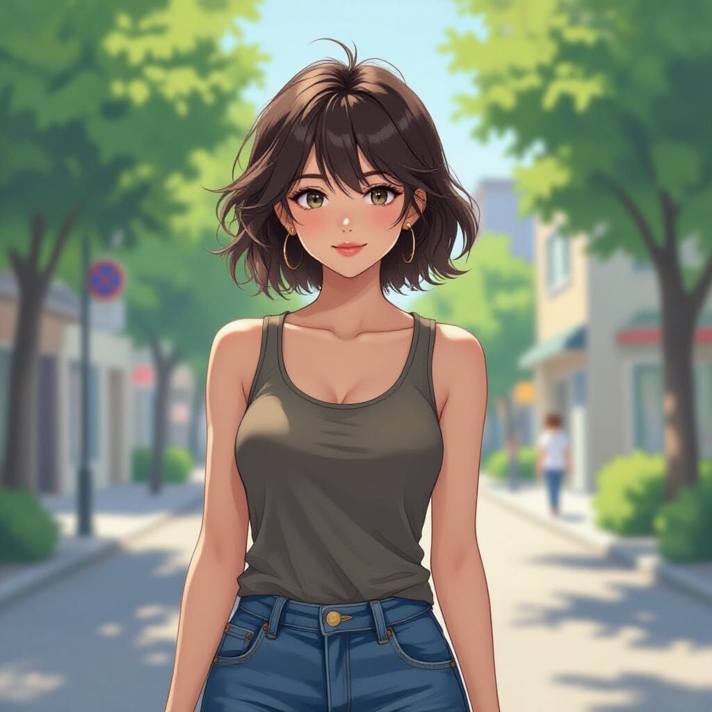 Tomboy Woman with Messy Hair in Tank Top and Jeans