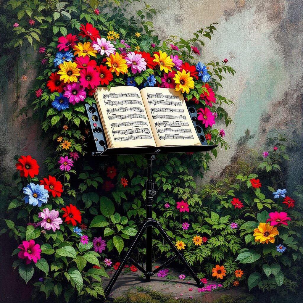 Hyperrealistic Music Stand Overgrown with Flowers