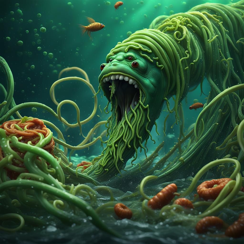 Green Worm's Underwater Spaghetti Feast: Detailed Matte Pain...