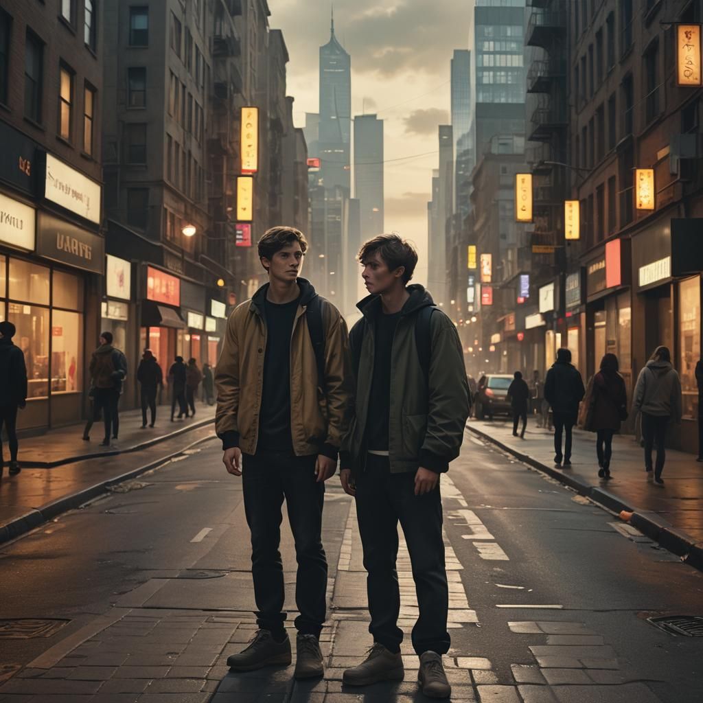 Youthful Figures in Dystopian Cityscape: Digital Art