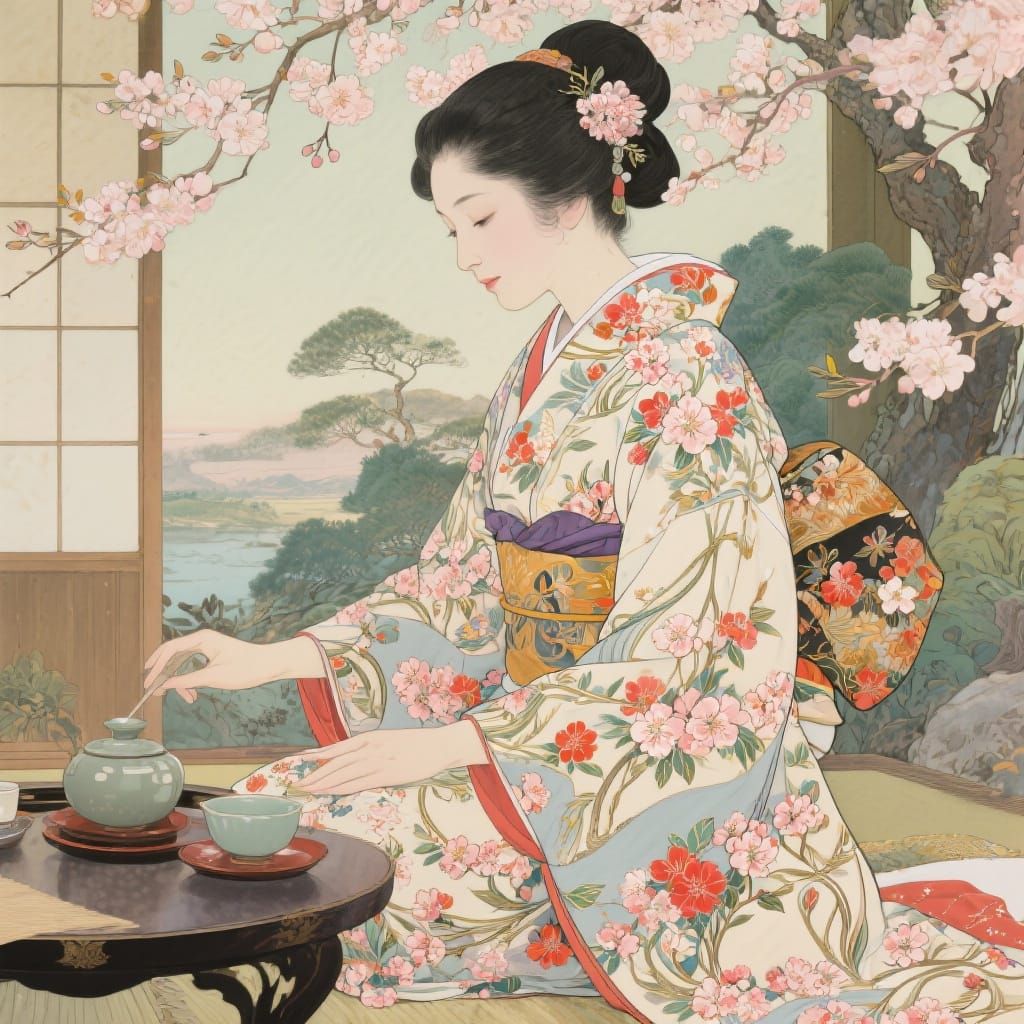 Woman in Intricate Kimono at Japanese Tea Ceremony