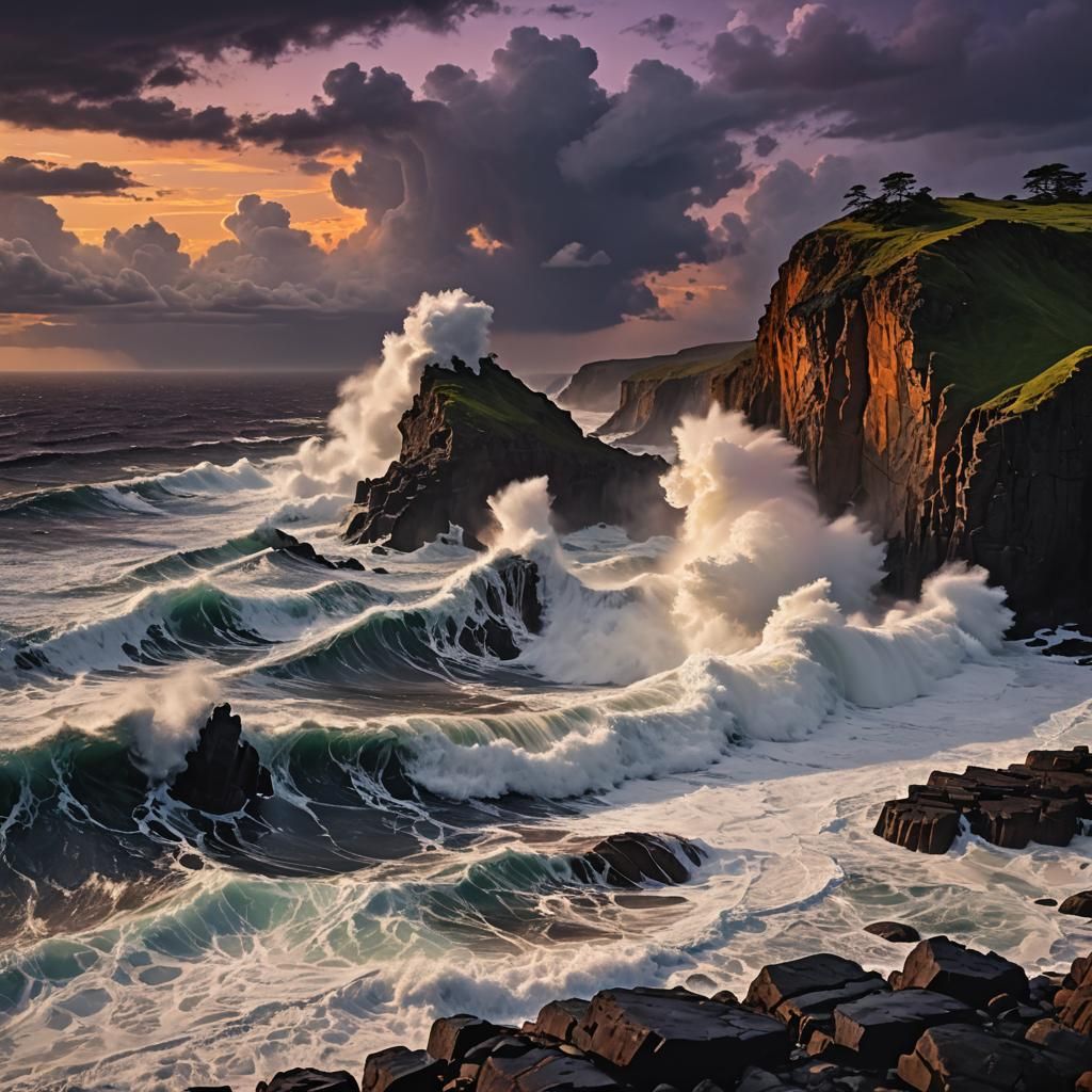 Towering Cliff Over Stormy Sea at Sunset