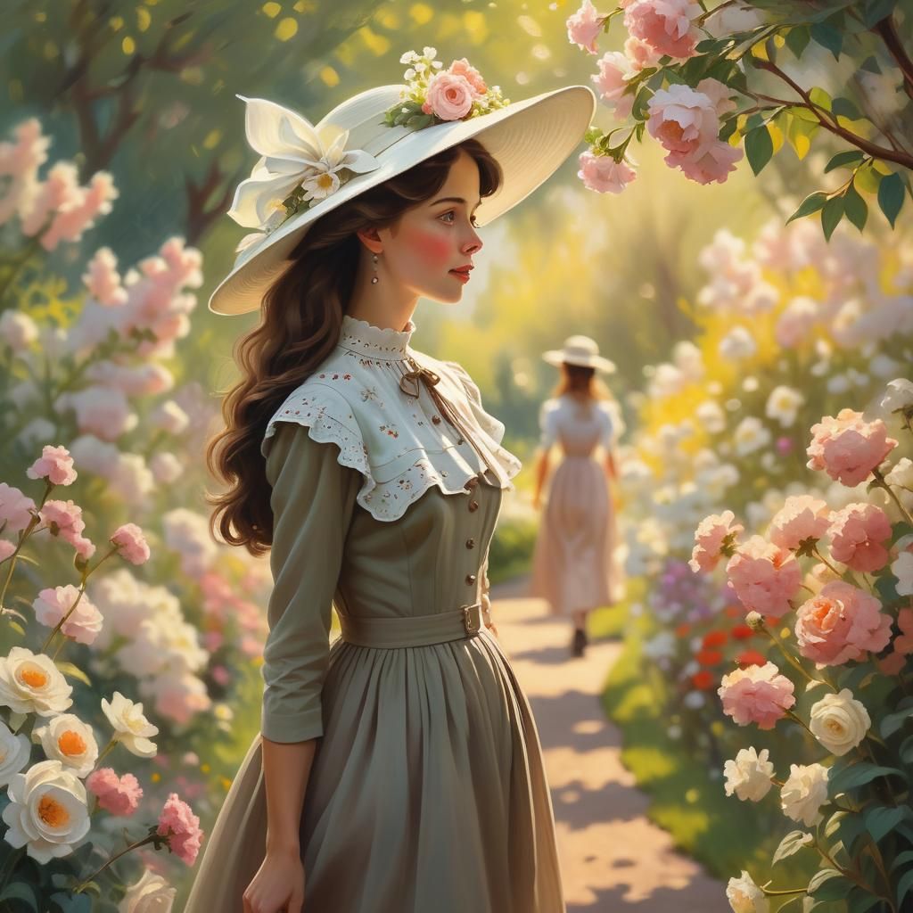 Victorian Woman in Flower Garden, Rockwell Style Oil Paintin...