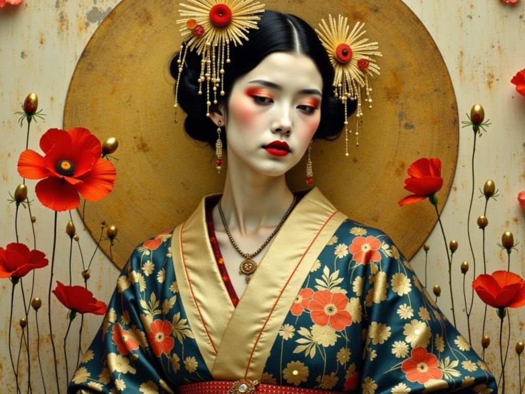 Geisha in Kimono with Golden Accents, Impressionistic Style