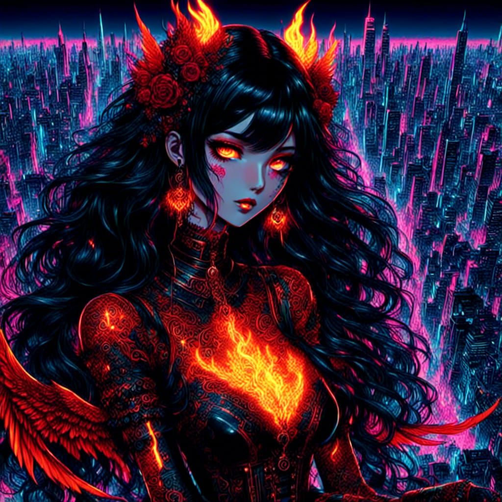 Demonic Gilded Woman in Cyberpunk Cityscape