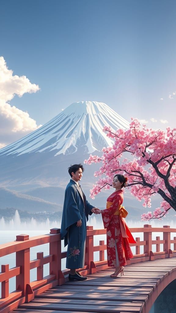Snow-Covered Mt Fuji with Cherry Blossoms and Arched Bridge