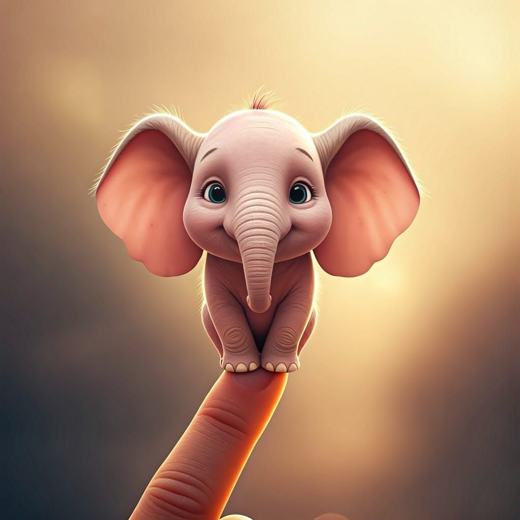 Cute Pink Elephant on a Finger, Pixar Style