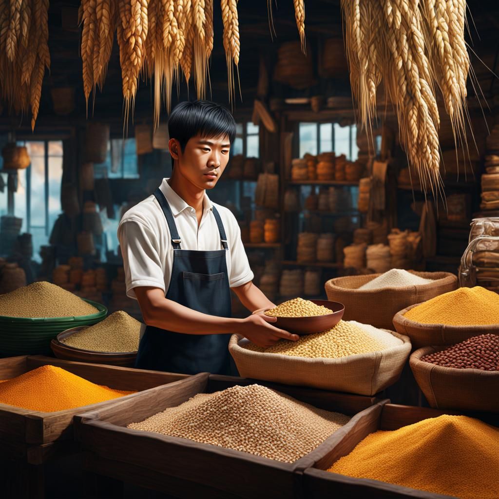 Asian Man Selling Grain: Hyperrealistic Concept Art