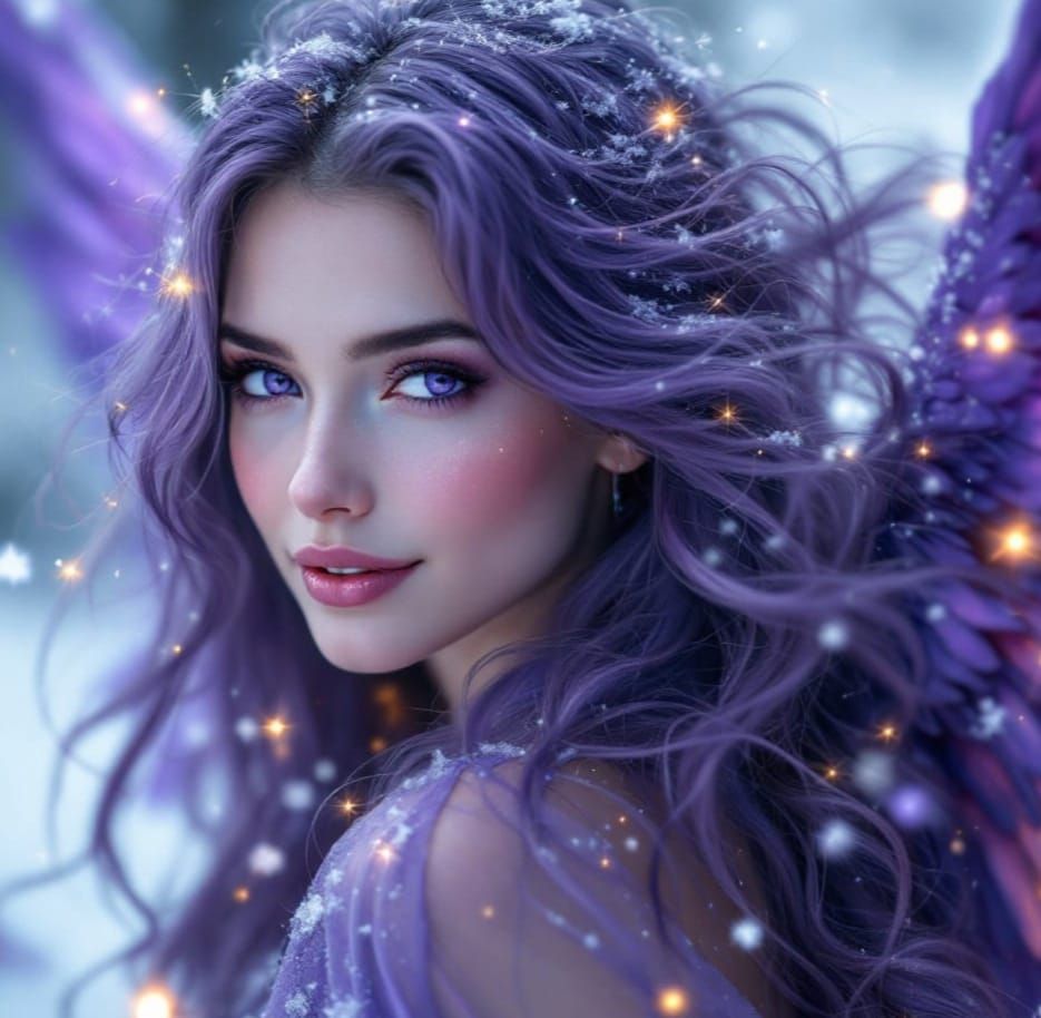 Ethereal Goddess with Wings and Lavender Hues in a Blizzard