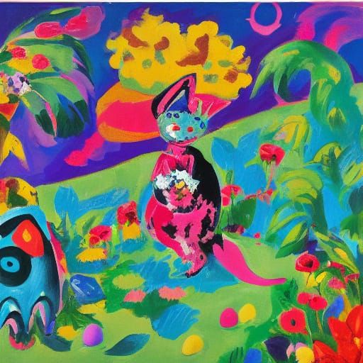 Fauvist Easter Whimsy: Bunny and Vampire in Vibrant Garden