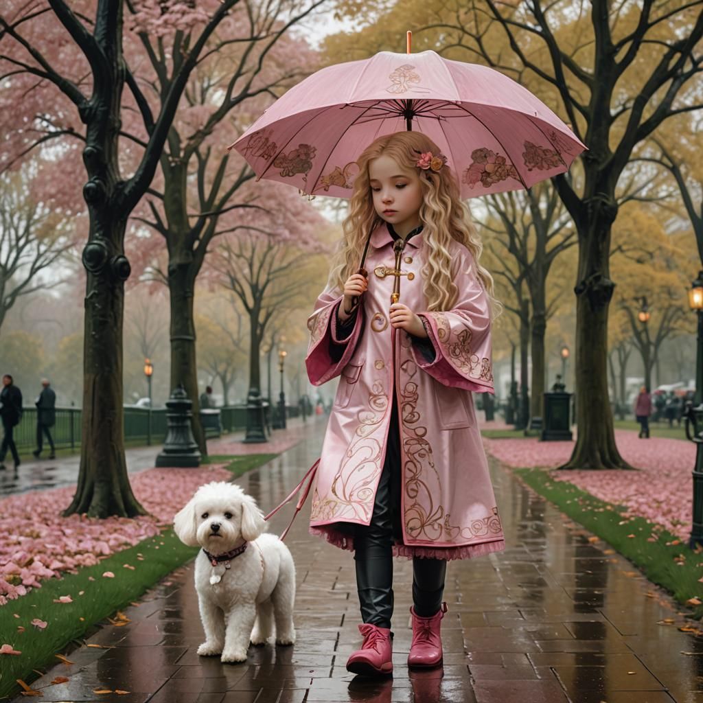 Girl with Dog in Rainy Park, Art Nouveau Style
