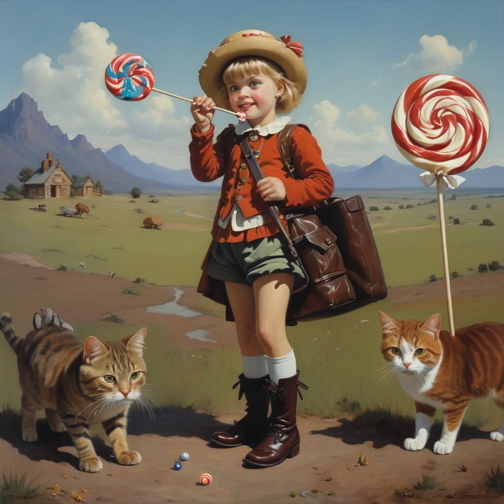 Whimsical Catgacating Poster in Oil Painting Style