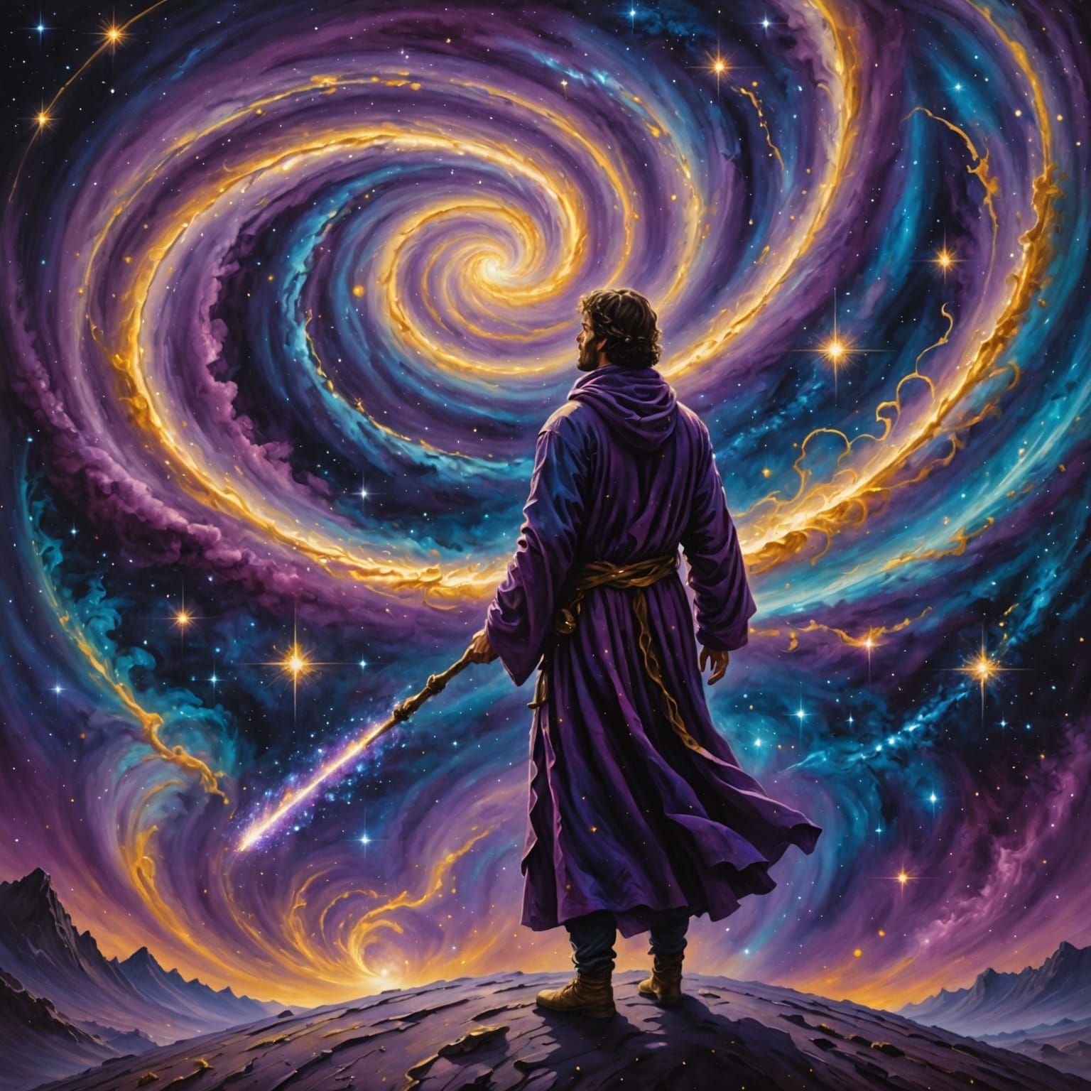 Cosmic Creator Painting Galaxies with Glowing Staff