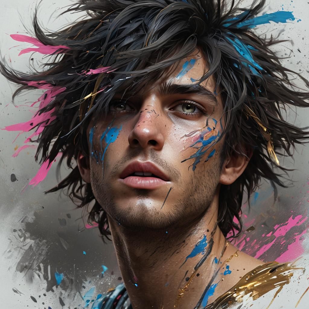 A male's portrait, messy hair, moody expression