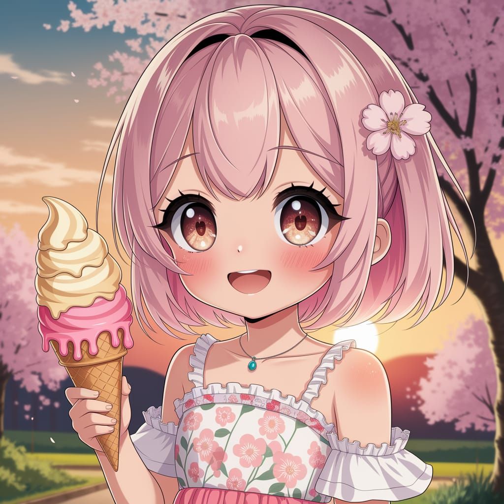 Anime Girl with Ice Cream at Sunset