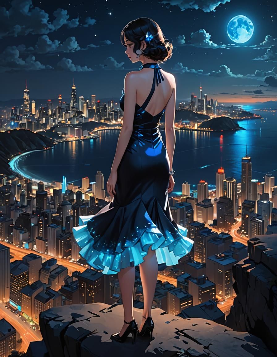 City View with Glowing Blue Dress, 3D Anime Art