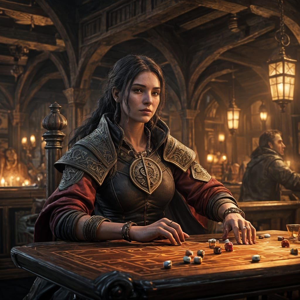 Medieval Gambler Maiden with Dices in a Bustling Fantasy Pub