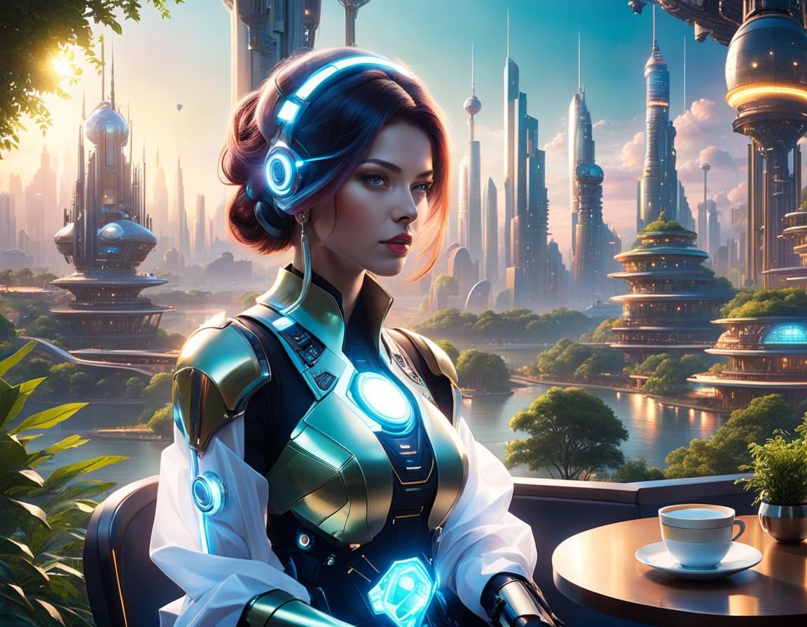 Cybernetic Woman Overlooking Utopian City at Sunset