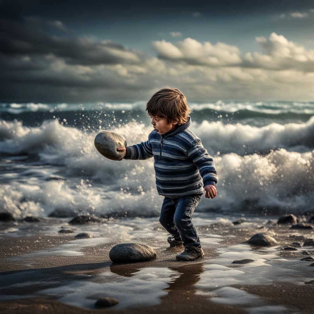 Child Skipping Stone Across Sea: Hyperrealistic Image