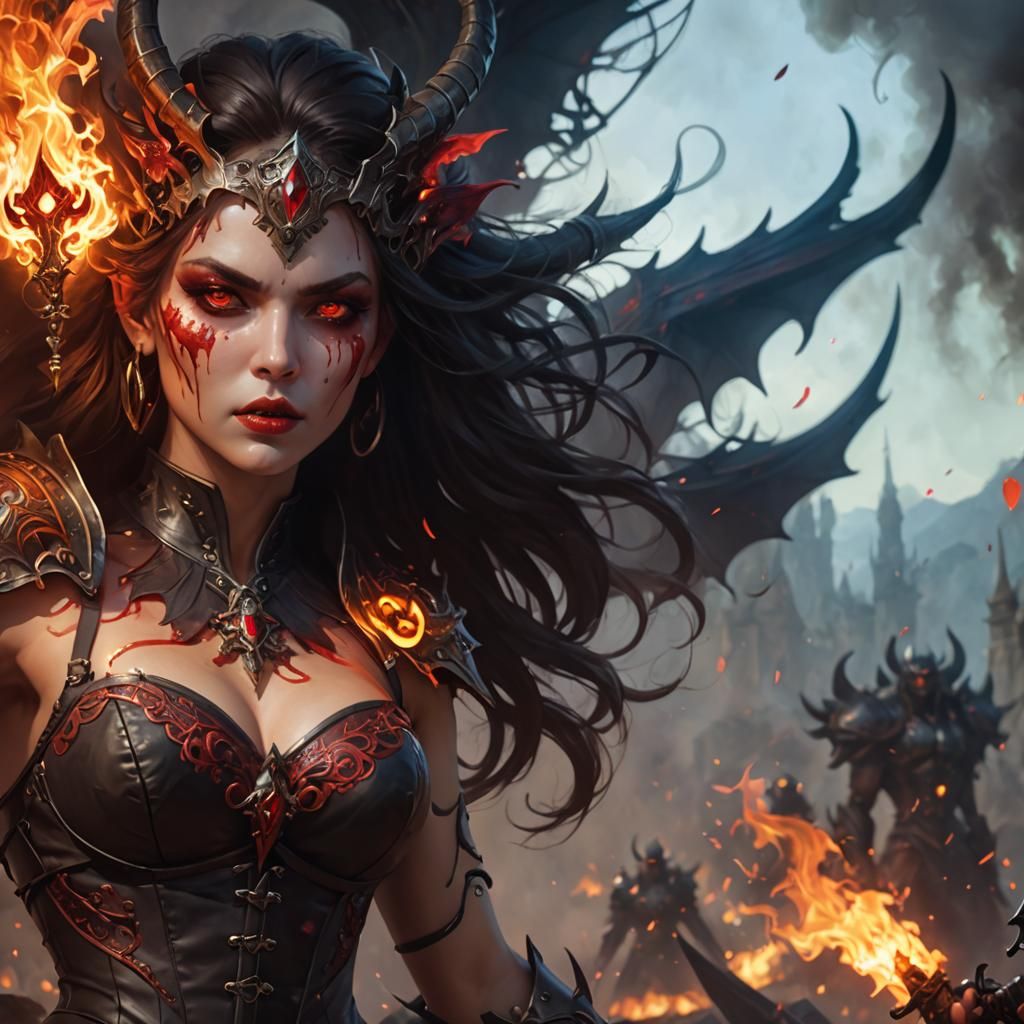 Flaming Demon Woman in Burning Landscape