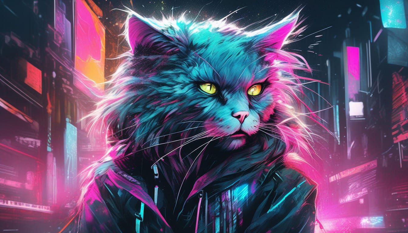 Neon Cyberpunk Hacker Cat Digital Illustration