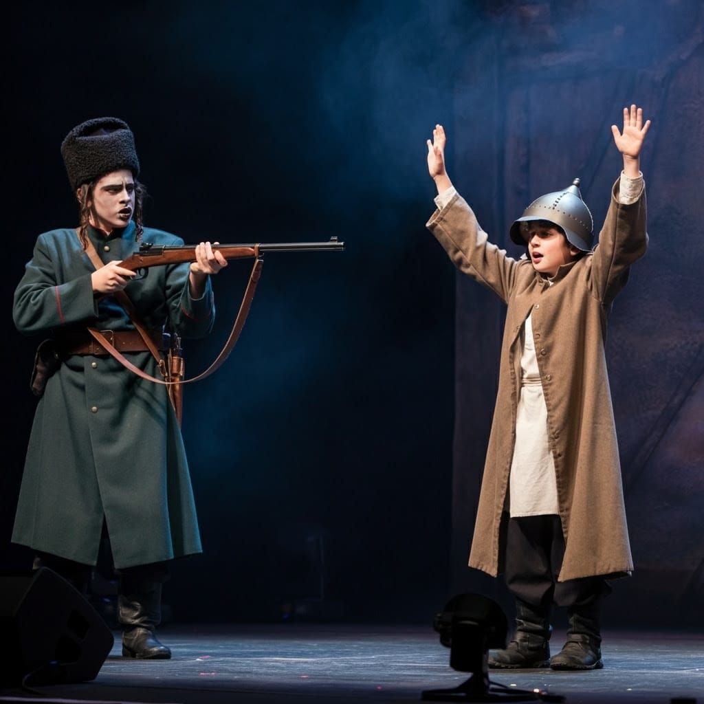 Ancient Russian Soldier Confronts Young Hasidic Boy on Stage
