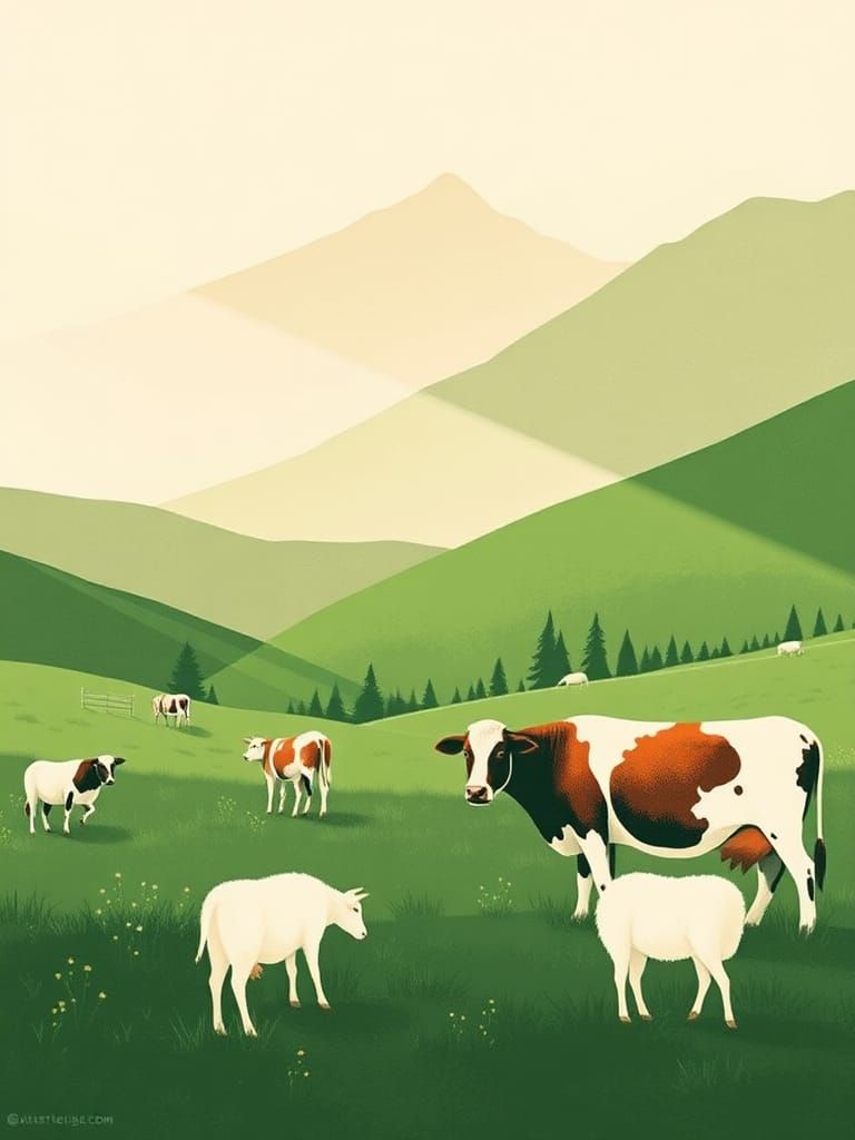 Swiss Farm Animals in Woodcut Style