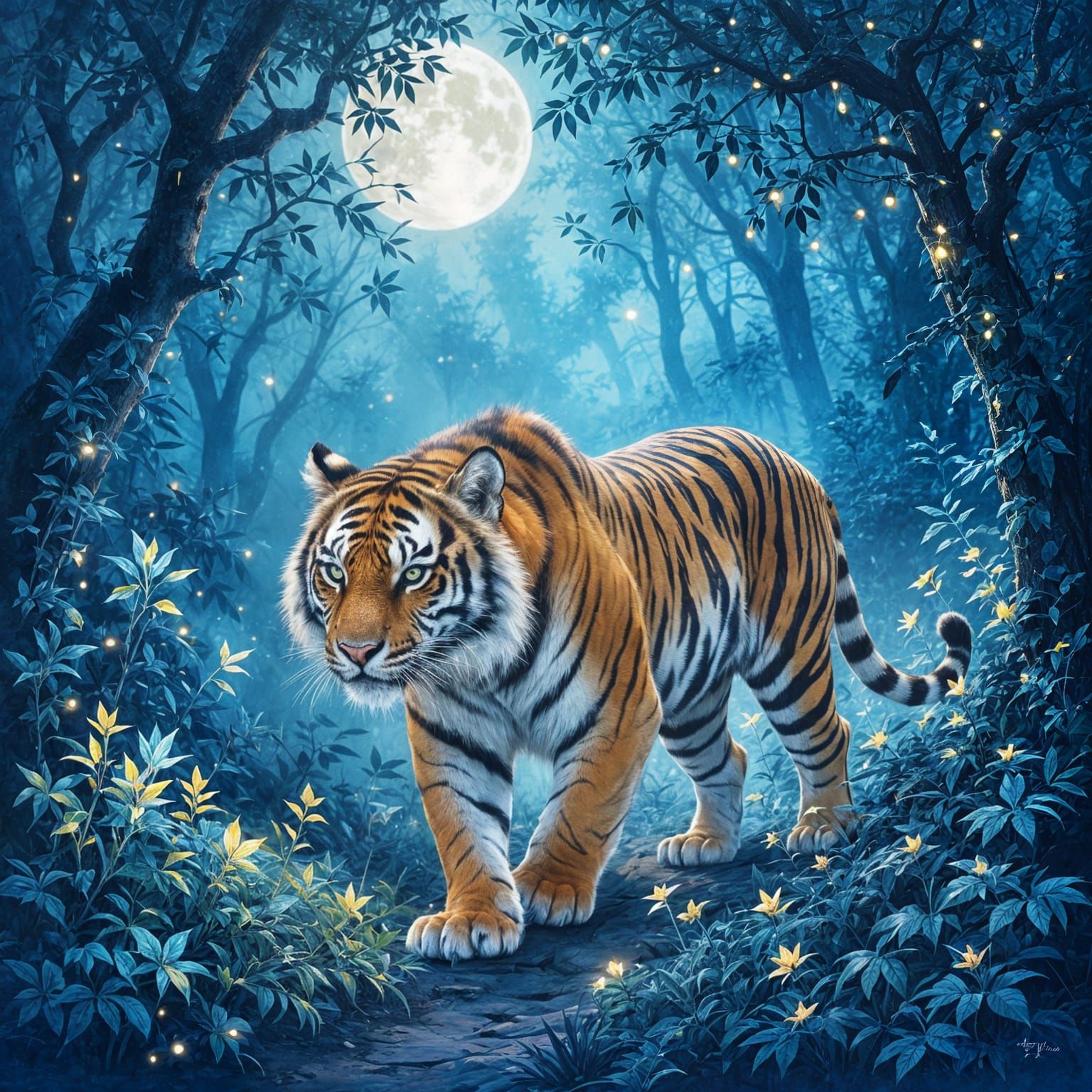Majestic Tigress in Ethereal Moonlit Enchanted Forest