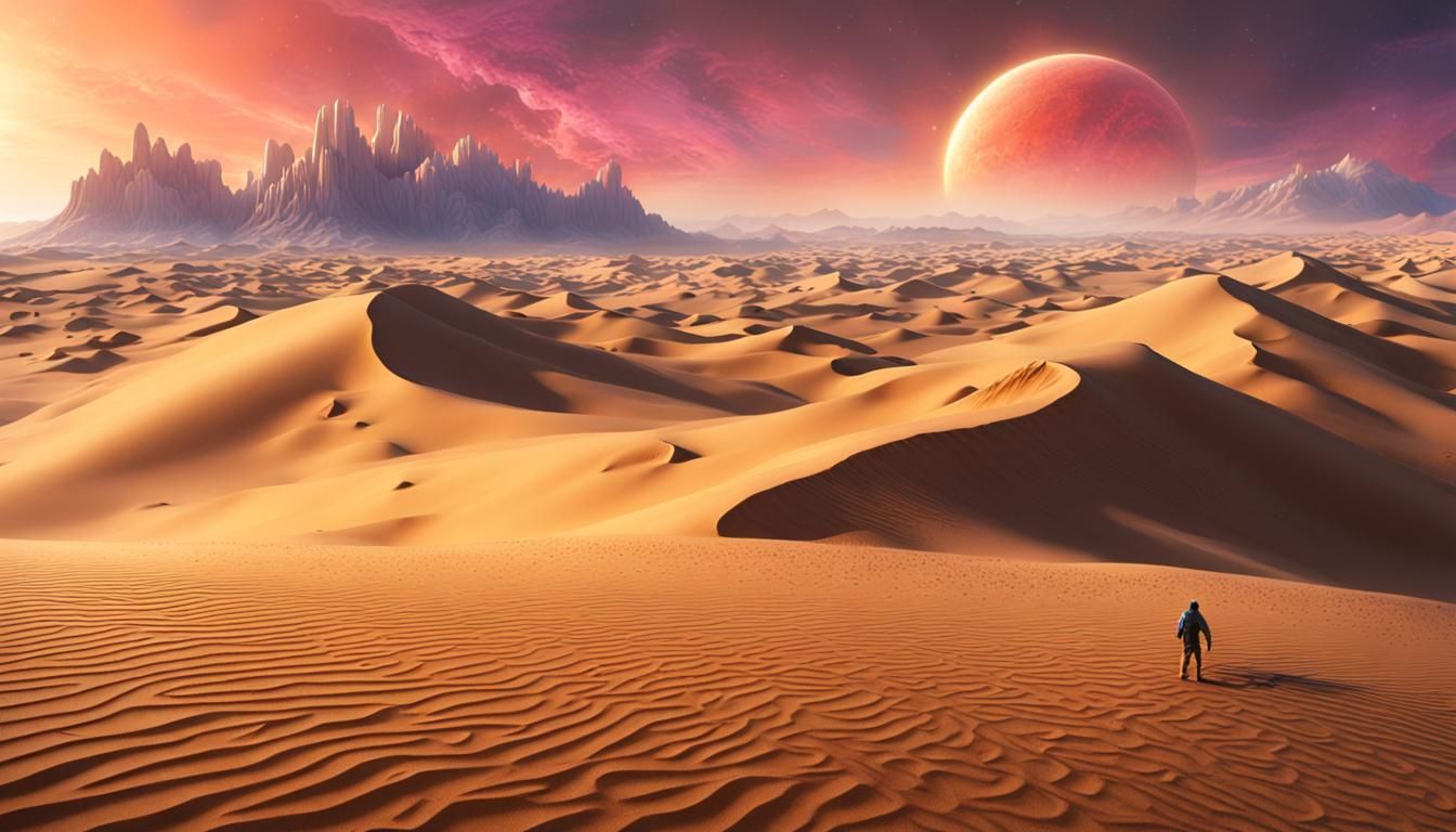 Hyperrealistic Alien Desert Landscape with Colorful Sky