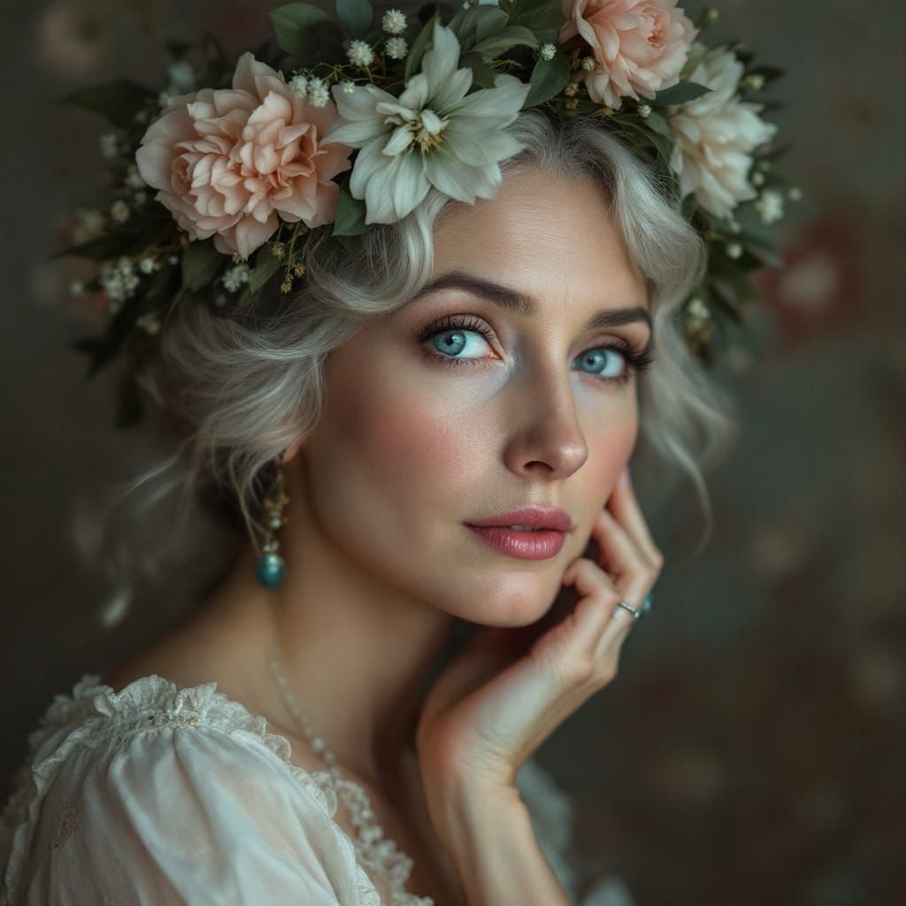 Melancholic Woman with Floral Wreath in Fine Art Portrait