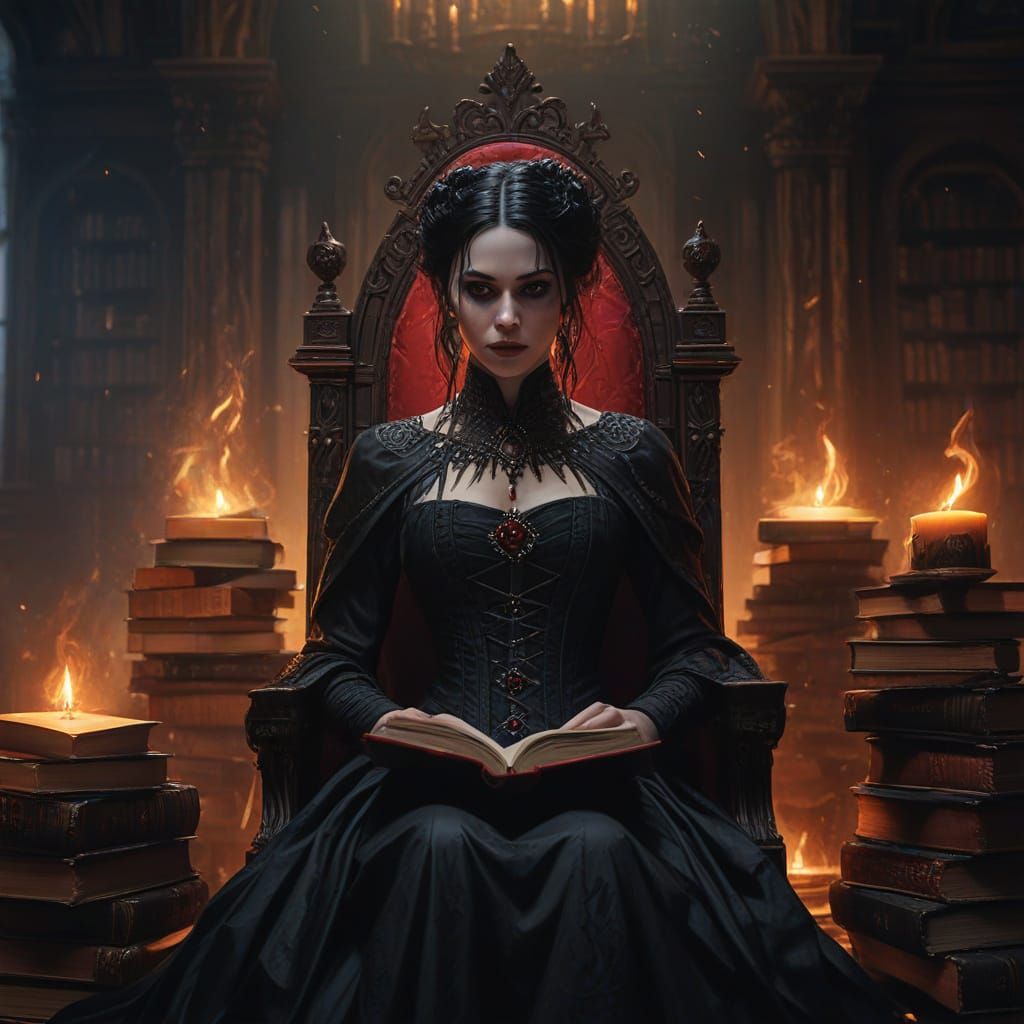 Sinister Goth Queen on a Throne of Burning Books