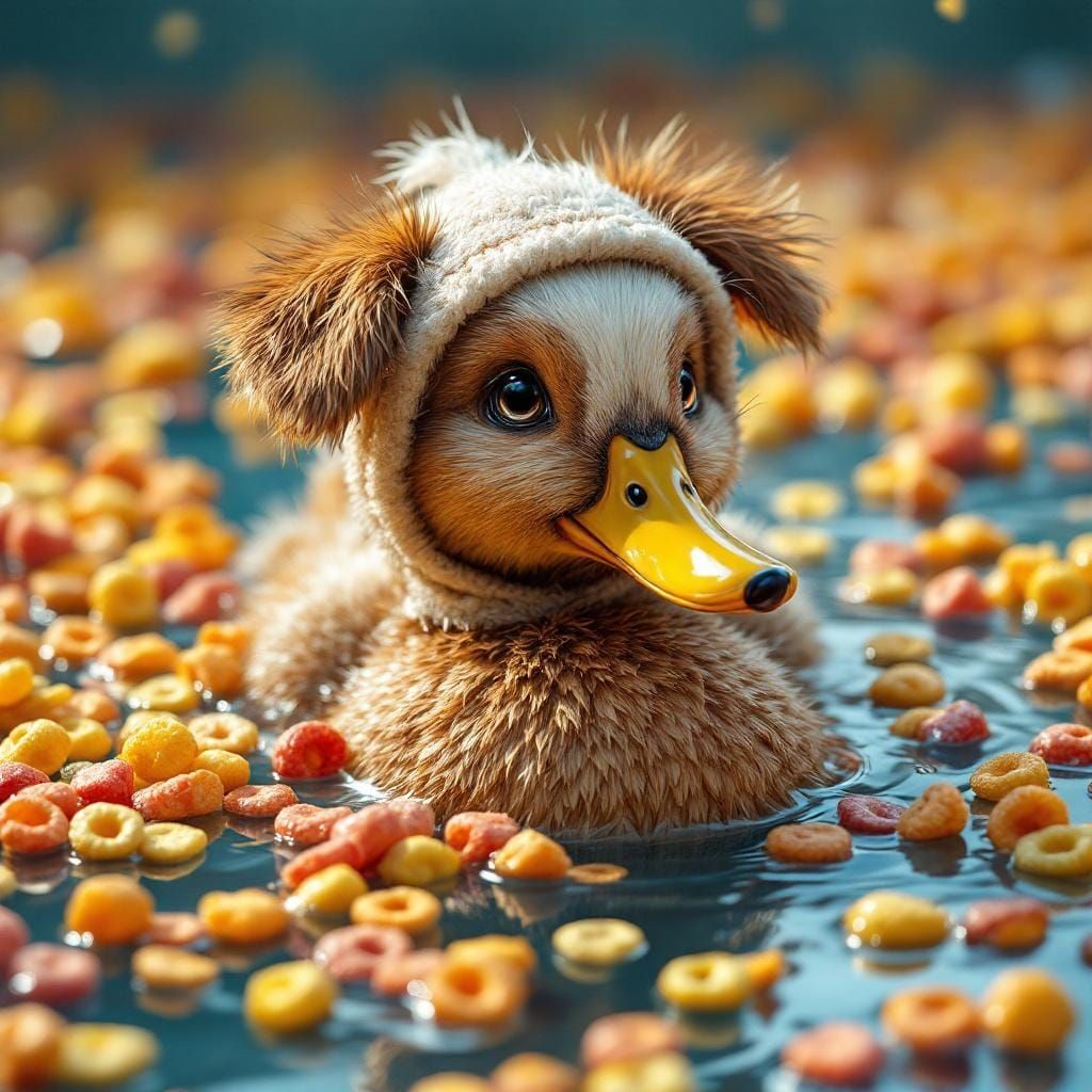 Duck Dressed as Dog Swimming in Cereal: Hyperrealistic