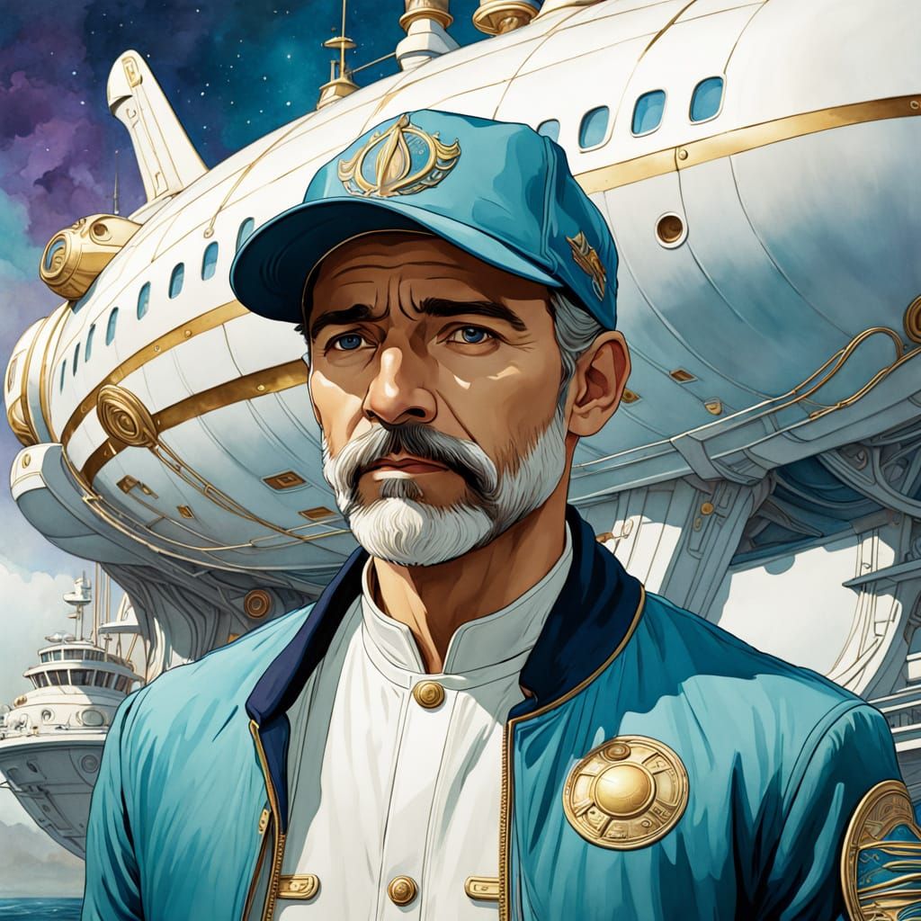 Art Nouveau Masterpiece of a Man in Front of a Spaceship