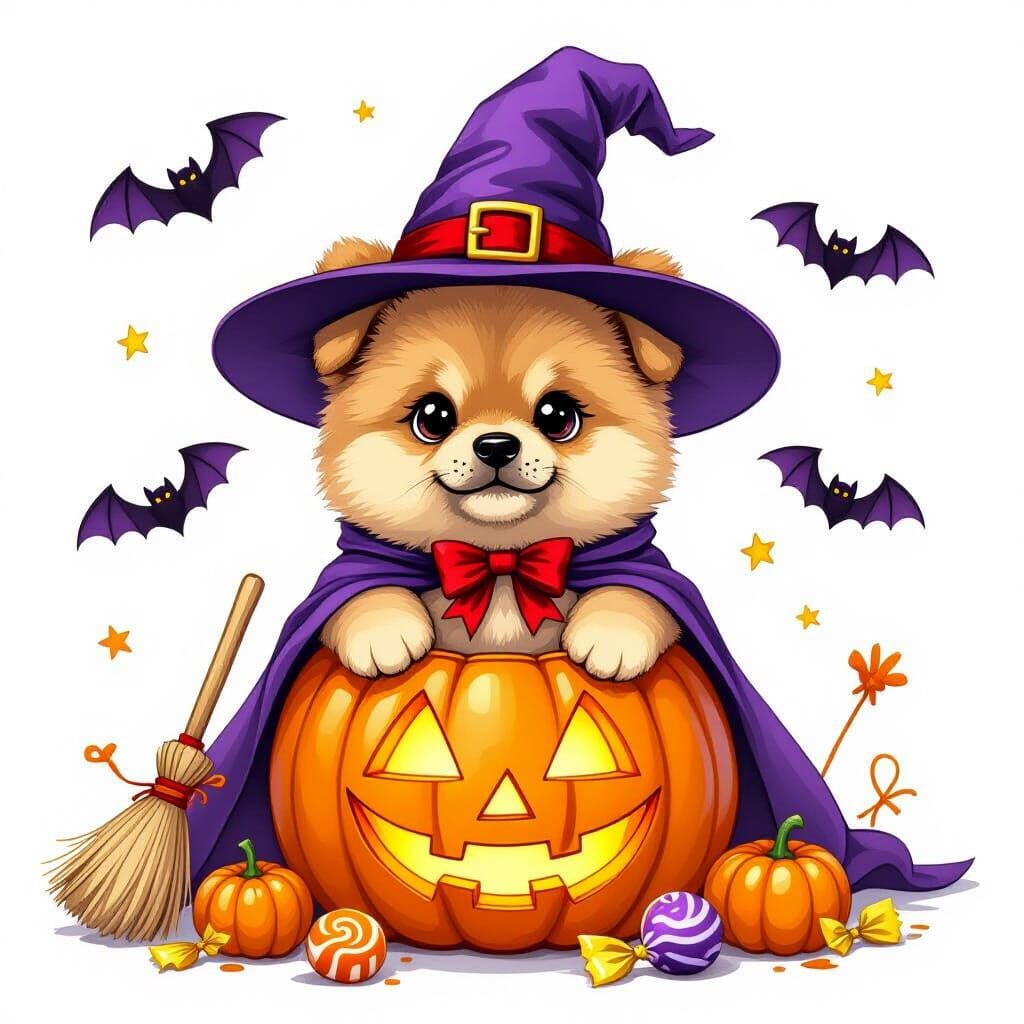 Cute Chow Chow Puppy in Witch Hat & Pumpkin