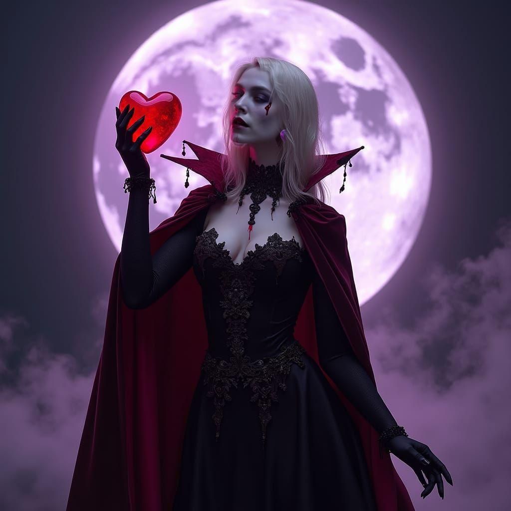 Blonde Vampire with Bloody Heart in Moonlight