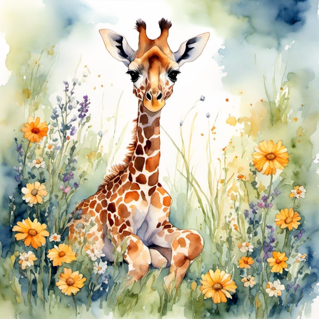 Whimsical Storybook Giraffe in Watercolor Meadow