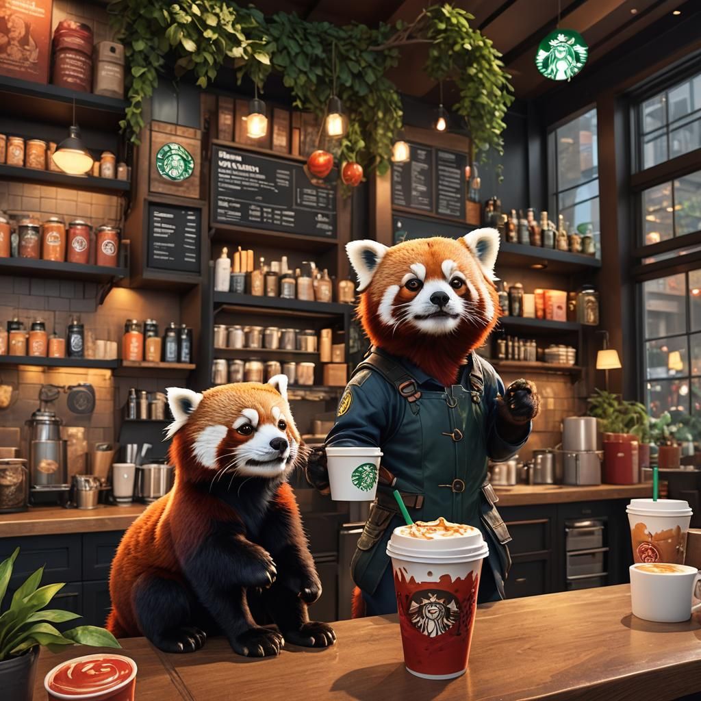 Red Panda at Starbucks: Detailed Matte Painting