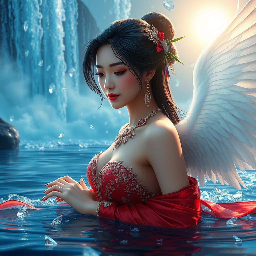 Kinnaree with Angel Wings in Diamond Waterfall